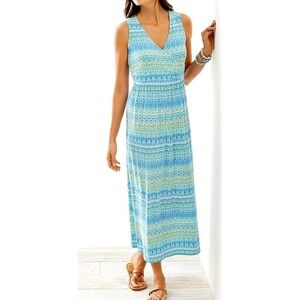 J Jill Sleeveless Crossover Blue Green Stripe Knit Maxi Dress Sz XL Beach Boho